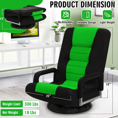 Swivel Floor Gaming Chair W/Armrests,Folding Video Reclining Sofa W/6 Adjustable Position, Padded Backrest & Cushion