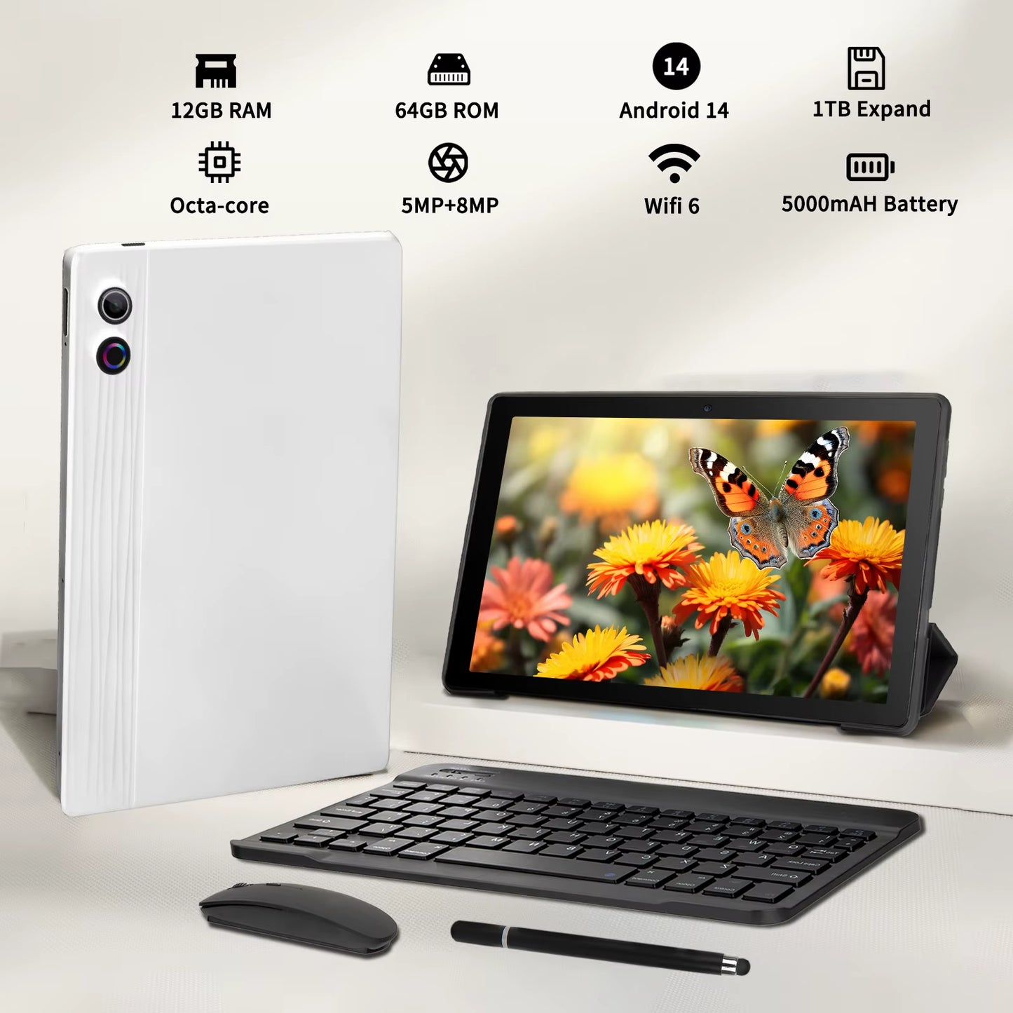 10 Inch Tablet Android 14 A523 Octa Core 12GB RAM 64GB ROM(TF 1TB) 5000Mah Face Unlocked Dual Carmera Keyboard Mouse Set PC Pad