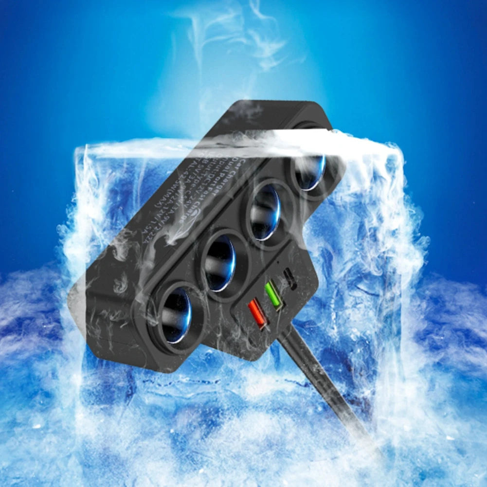 High-Performance 120W Car Cigarette Lighter Socket Splitter with QC3.0 and PD Technology, Featuring 4 Sockets and 3 USB Charging Ports