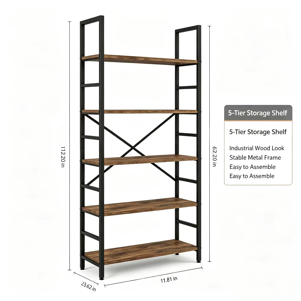 5 & 6 Tier Industrial Rustic Wood Bookcase with Black Metal Frame - Freestanding Multipurpose Storage Organizer for Bedroom, Living Room, Office, Kitchen, and Plant Decor