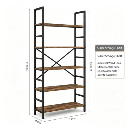 5 & 6 Tier Industrial Rustic Wood Bookcase with Black Metal Frame - Freestanding Multipurpose Storage Organizer for Bedroom, Living Room, Office, Kitchen, and Plant Decor
