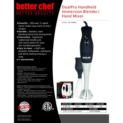Better Chef 200W Dualpro Immersion Blender Hand-Mixer with Cup and Beater