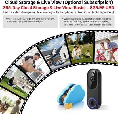 Wireless Wi-Fi Video Doorbell Camera with Two-Way Audio, AI Motion Detection, Night Vision, Cloud Storage, and 2.4G Wi-Fi Connectivity (Black)
