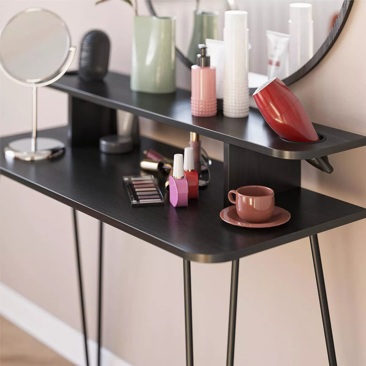 Home Vanity Black Oak - Mid-Century Modern Design, Metal Frame, Particle Board Surface