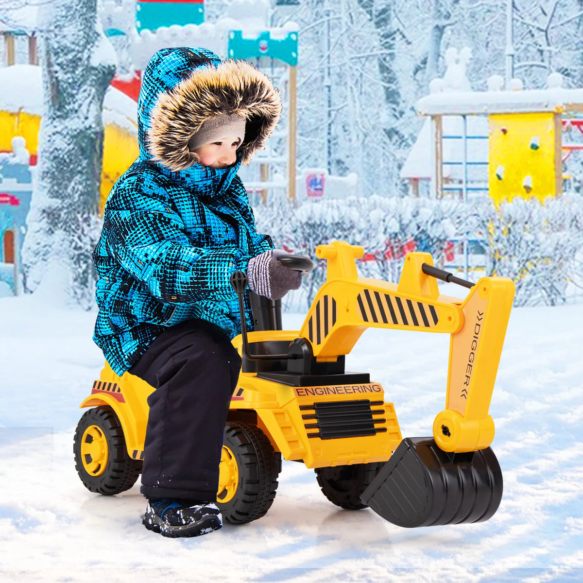 Children's Ride-On Excavator with Adjustable Shovel, Anti-Tipping Block, and Engine Sound Features