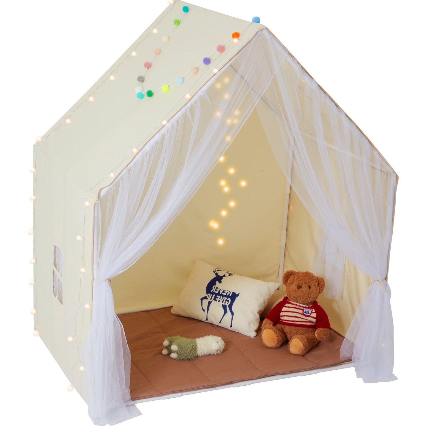  Kids Play Tent, Kids Tent for Kids 1-5 Years Old, Toddler Tent with Mat and Tent Lamp, Beige