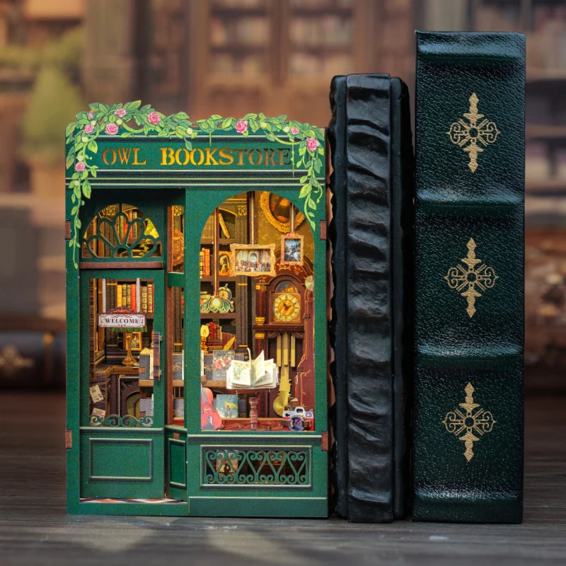 Cutebee 3D Wooden Puzzle Miniature Model Kits Owl Bookstore Mini DIY Doll House Home Decor for Family Unique Birthday Gifts