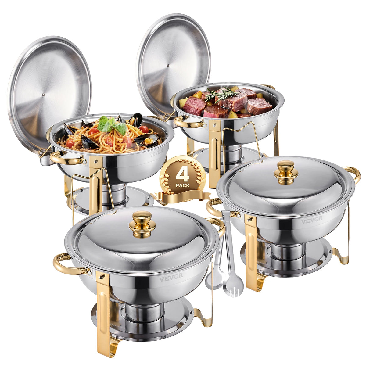 Succebuy Stainless Steel Chafing Dish Buffet Set - 4 Pack Round Catering Warmers with Full Size Pans for Parties and Banquets