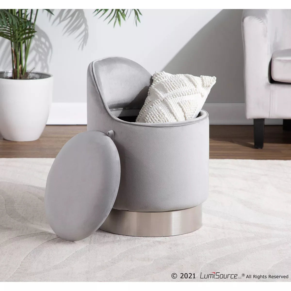 Glam Vanity Stool Steel/Velvet Chrome/Silver: Round, Swivel, Mid-Century Modern Ottoman with Storage