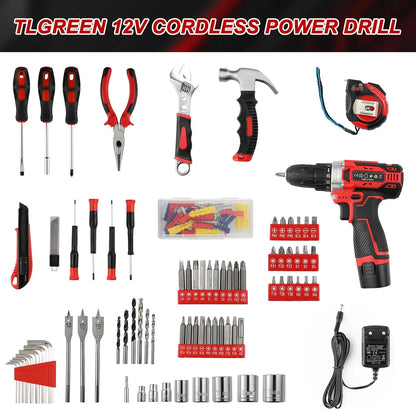 138-Piece Power Tool Set with 12V Cordless Drill for Home DIY Repairs and Maintenance