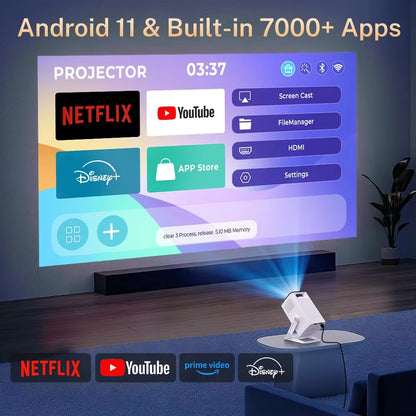 Mini Projector 1080P/4K Supported, Wifi 6 & Bluetooth 5.4, Android TV Short Throw Portable Beamer for Home Theater Outdoor Movie