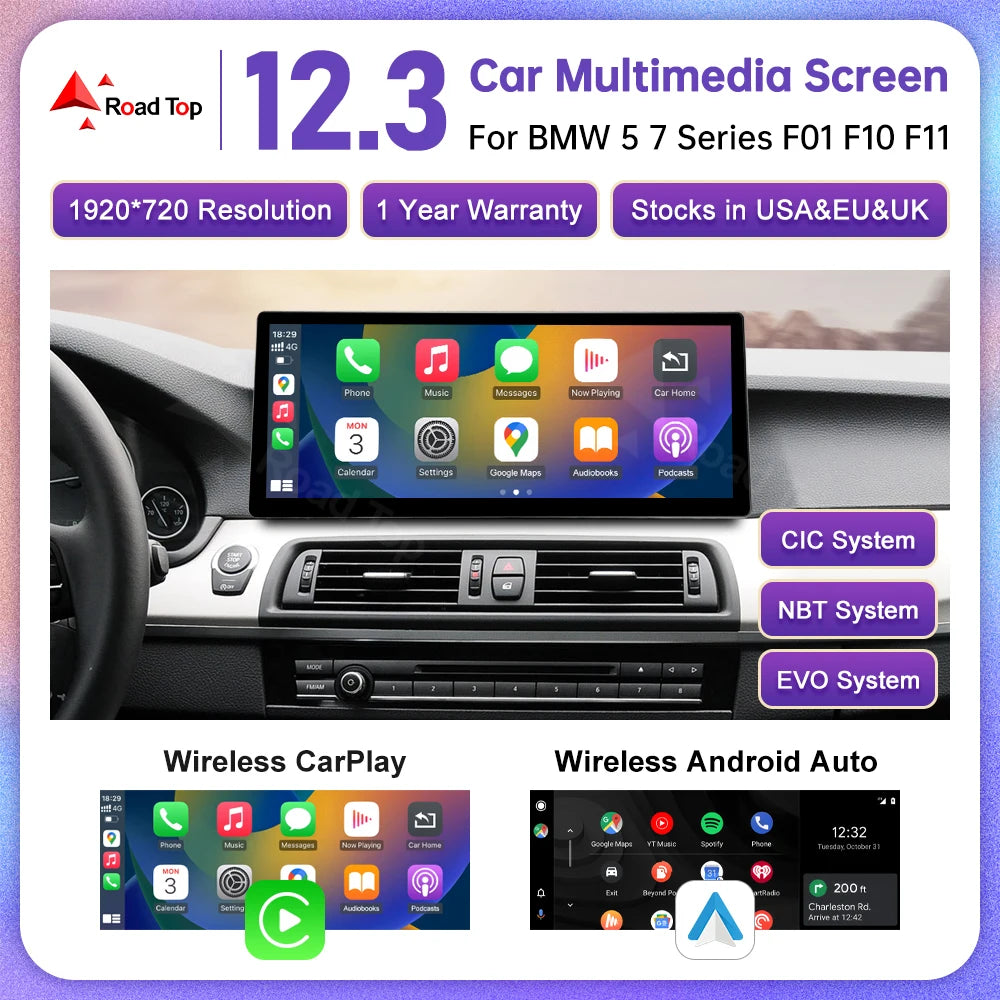 12.3-Inch Ultra-Thin Multimedia Touchscreen for BMW 5 Series F10 F11 CIC NBT EVO System with Wireless CarPlay and Android Auto Integration