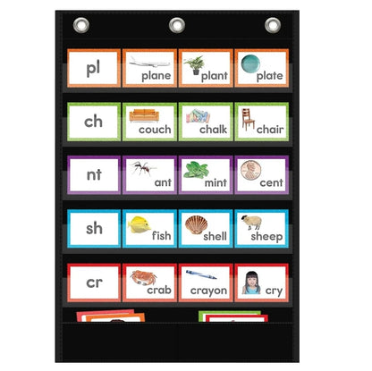 Classroom Black Standard Pocket Chart Words Chart with Extra Storage Pocket for Sentence Strips School Home Office Use