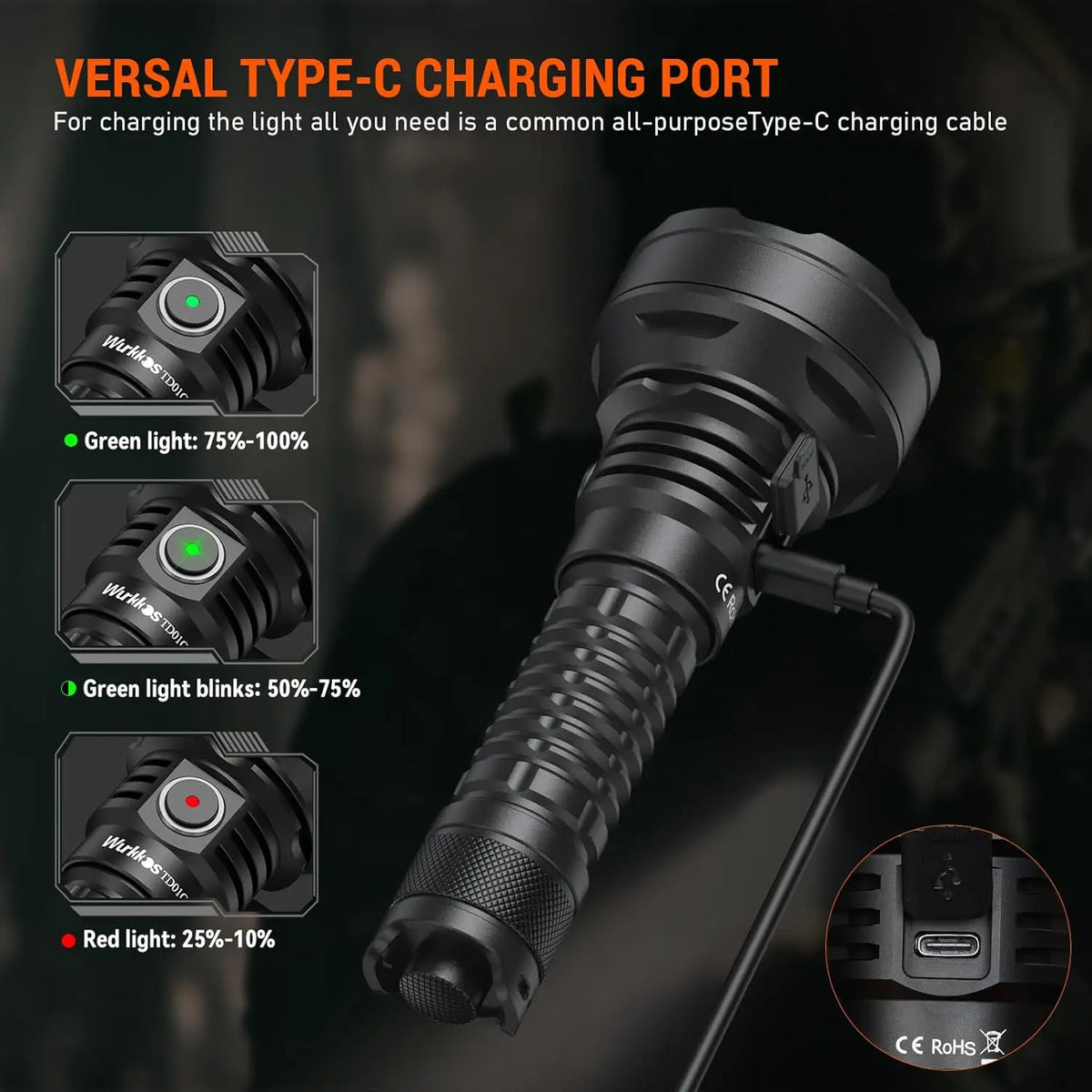 Wurkkos TD01C 21700 Tactical Rechargeable LED Flashlight with USB-C, 1800 Lumens, 1000M Throw, IPX8 Waterproof, Tail Switch