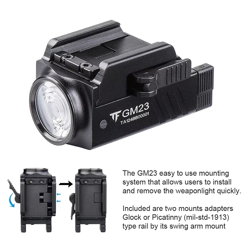 GM23 Tactical Led Flashlight 800LM USB Rechargeable Quick Release Lights for GL & 20Mm Picatinny Rail Tauru TX2