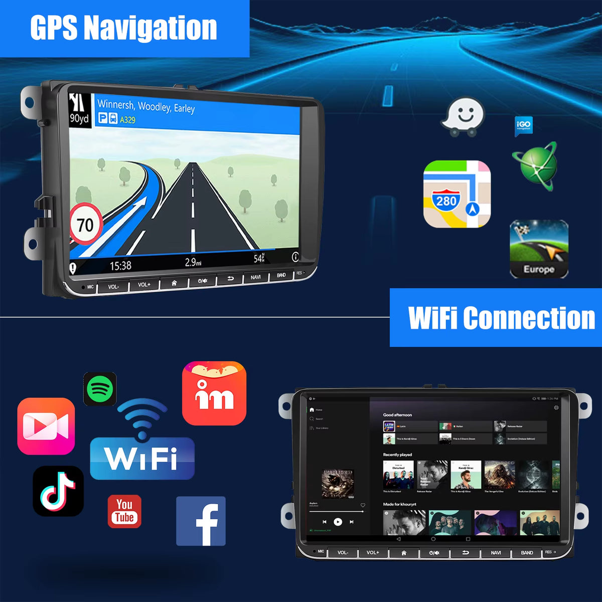 9-Inch Android 14 Car Stereo with 4G+64G, Wireless CarPlay, GPS Navigation, WiFi, RDS FM, Bluetooth, and Equalizer for VW Golf 5/6, Passat, Polo, Touran, Tiguan, Caddy, and EOS