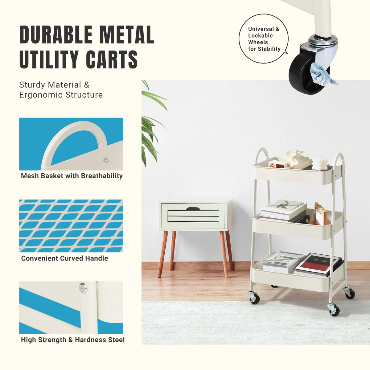 JHK 3-Tier Metal Kitchen Storage Cart with Lockable Wheels - Mobile Shelving Unit for Narrow Spaces and Utility Organization