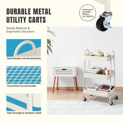 JHK 3-Tier Metal Kitchen Storage Cart with Lockable Wheels - Mobile Shelving Unit for Narrow Spaces and Utility Organization