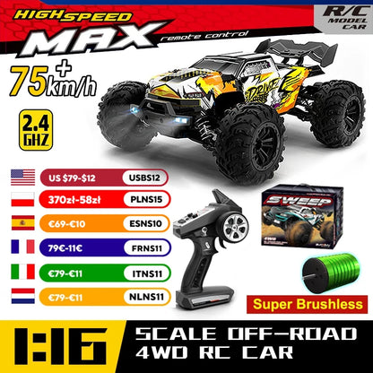 Wltoys 16101 Pro 1:16 Scale 75KM/H 4WD Remote Control Car with LED Lights - High-Speed Drift Monster Truck for Children