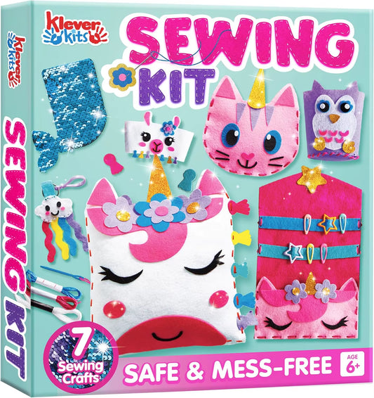 JOYFY 7-In-1 Kids Sewing Kit - Beginner-Friendly DIY Arts and Crafts for Girls, Perfect for Birthdays and Christmas, Featuring Unicorn and Mermaid Designs