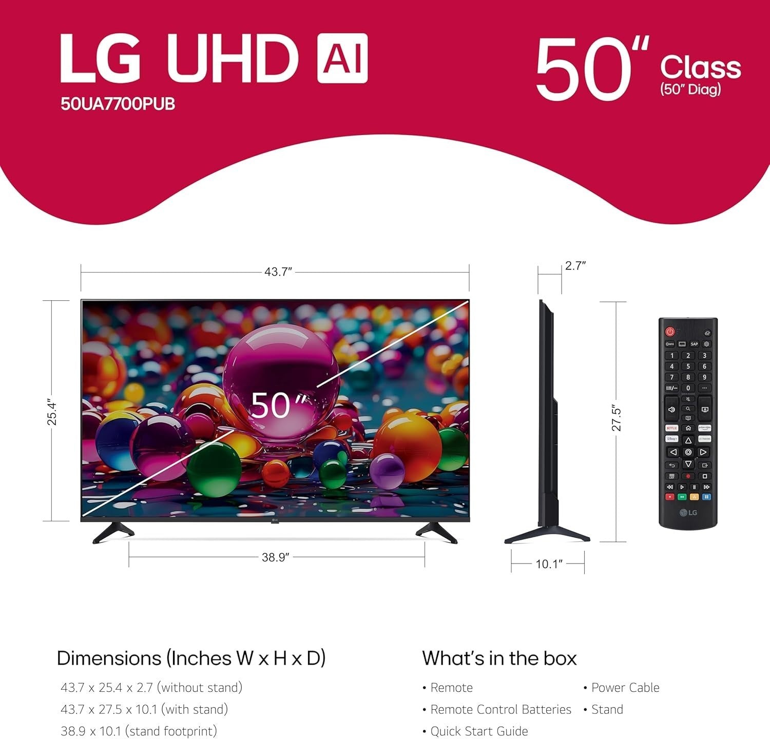 LG 50UA7700P UA77 Series 50 Inch 4K UHD HDR Smart TV - 2025 Model