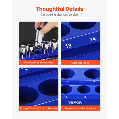 Succebuy Magnetic Socket Organizer Set - 6 or 8 Pieces, Blue and Red, for 3/8'' and 1/2'' Metric and SAE Sockets with Clear Labels for Tool Box