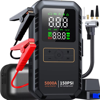 4-in-1 Portable Car Jump Starter and Air Compressor, 5000A Peak Battery Booster with 150PSI Tire Inflator and Power Bank Function