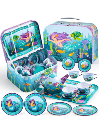 Mermaid-Themed Tea Party Set for Girls - Pretend Play Tin Teapot Kitchen Toy for Toddlers Ages 2 to 6