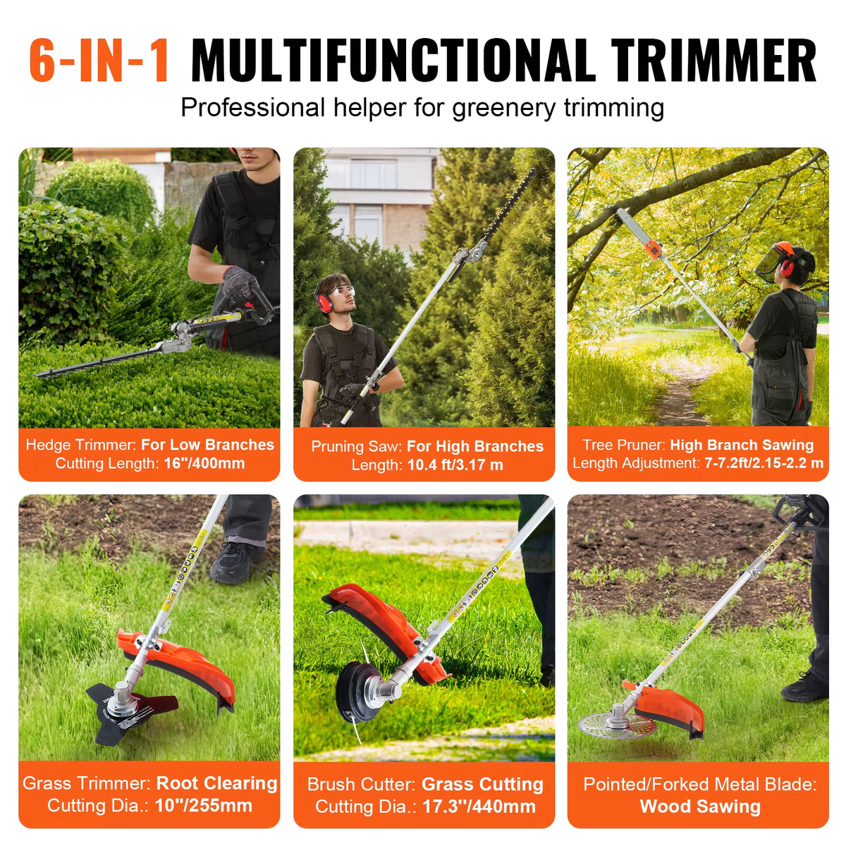 Succebuy 33CC 6-in-1 Multi-Functional Gas Trimming Tools: Hedge Trimmer, String Trimmer, Brush Cutter, Pole Saw, and Chainsaw
