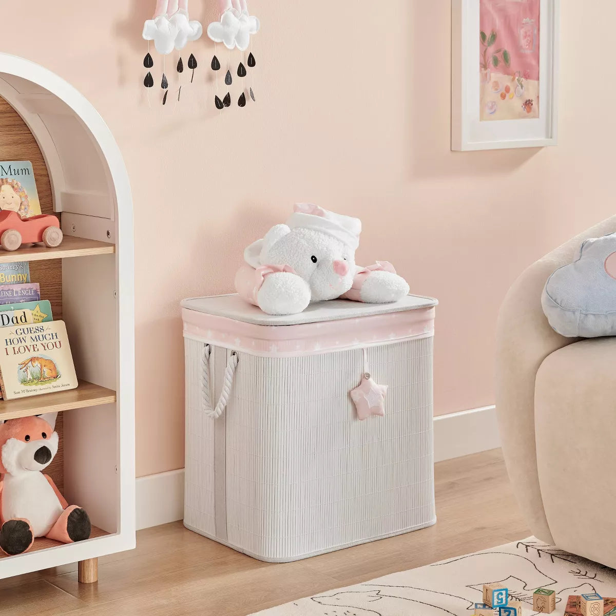 Bamboo Collapsible Laundry Hamper and Toy Storage for Kids with Handles in Pink and Cream Teddy Bear Design