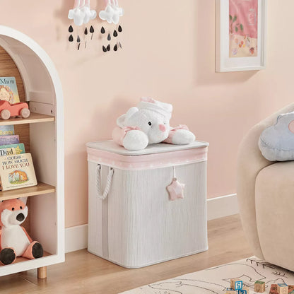 Bamboo Collapsible Laundry Hamper and Toy Storage for Kids with Handles in Pink and Cream Teddy Bear Design