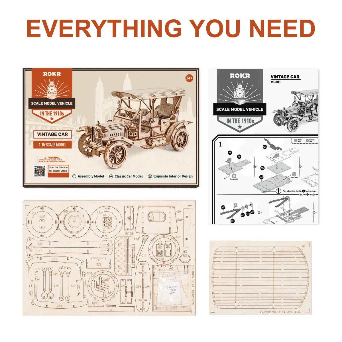 Robotime Rokr Classic Car 3D Wooden Puzzle - Vintage 1:15 Scale Model Building Kit for Children