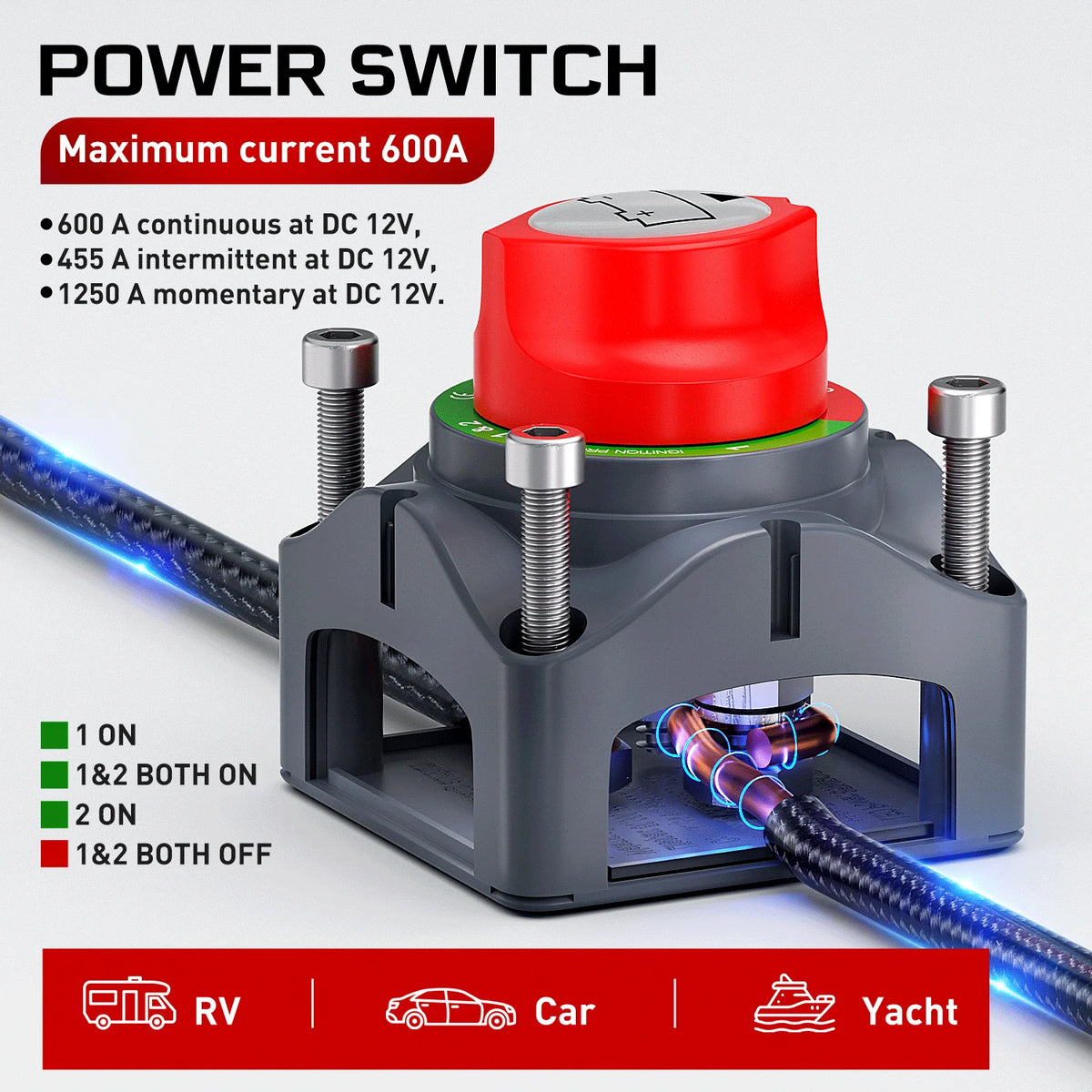 High Current Heavy Duty Battery Disconnect Isolator Switch for 12V-48V Truck, Trailer, and RV Applications