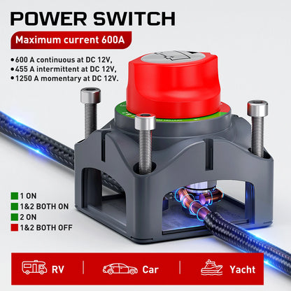 High Current Heavy Duty Battery Disconnect Isolator Switch for 12V-48V Truck, Trailer, and RV Applications