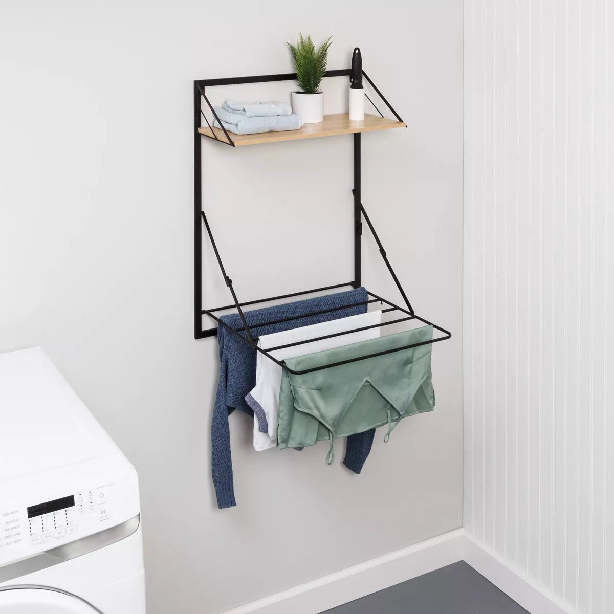 Collapsible Laundry Shelf and Drying Rack Combo in Light Oak, Steel Construction, 65 Lb Capacity