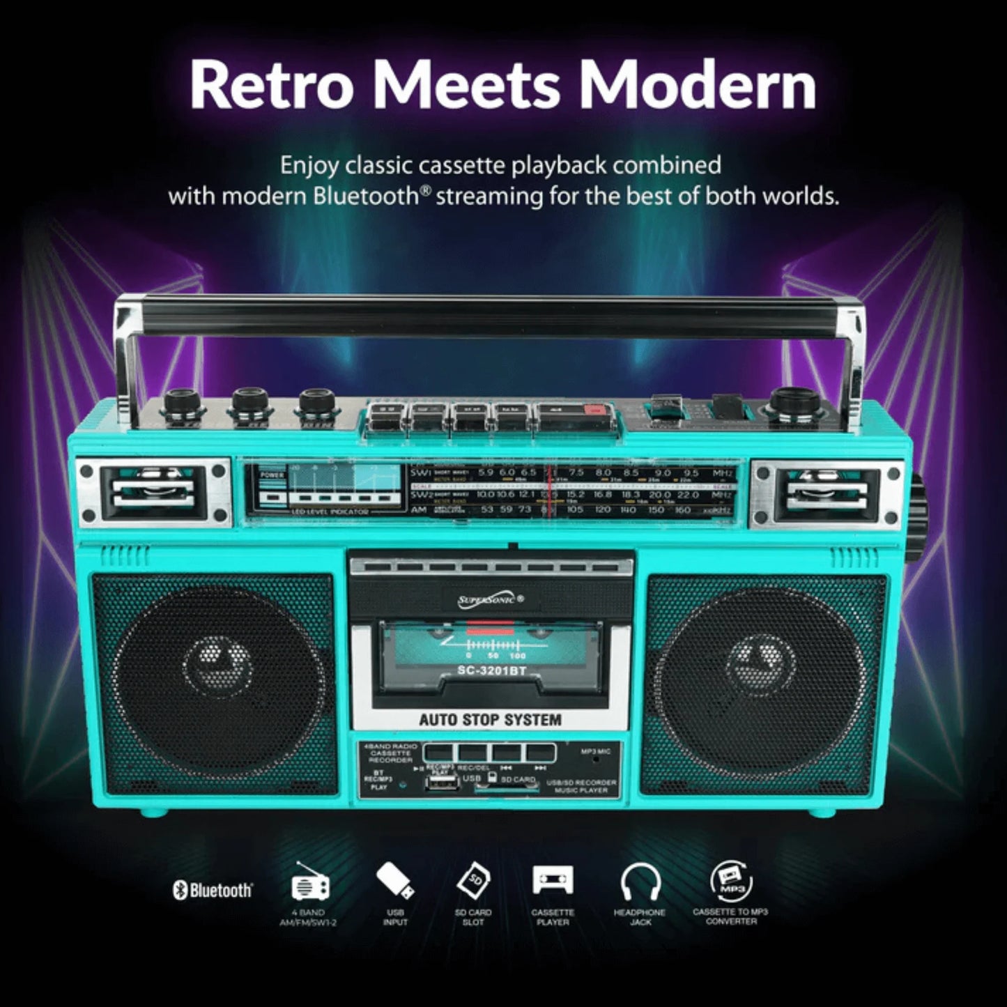 Supersonic 4 Band Bluetooth Radio & Cassette Player + Cassette to Mp3 Converter