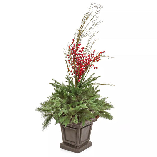48" Pre-Lit Potted Pine & Berries Artificial Plant with LED White Lights: Indoor/Outdoor Christmas Decor