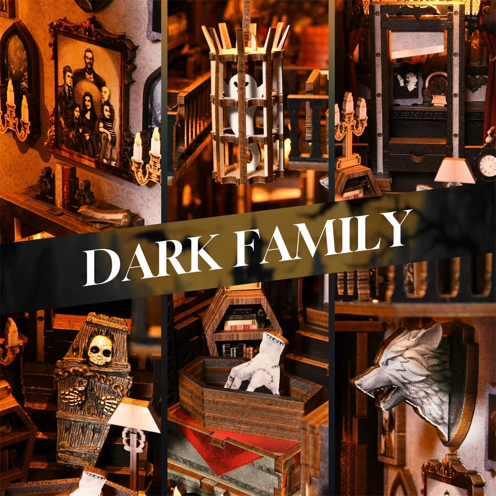 Book Nook Kit Dark Family DIY Wooden Puzzle Gothic Style Halloween Bookshelf Dollhouse Model Bookend Building Home Decoration