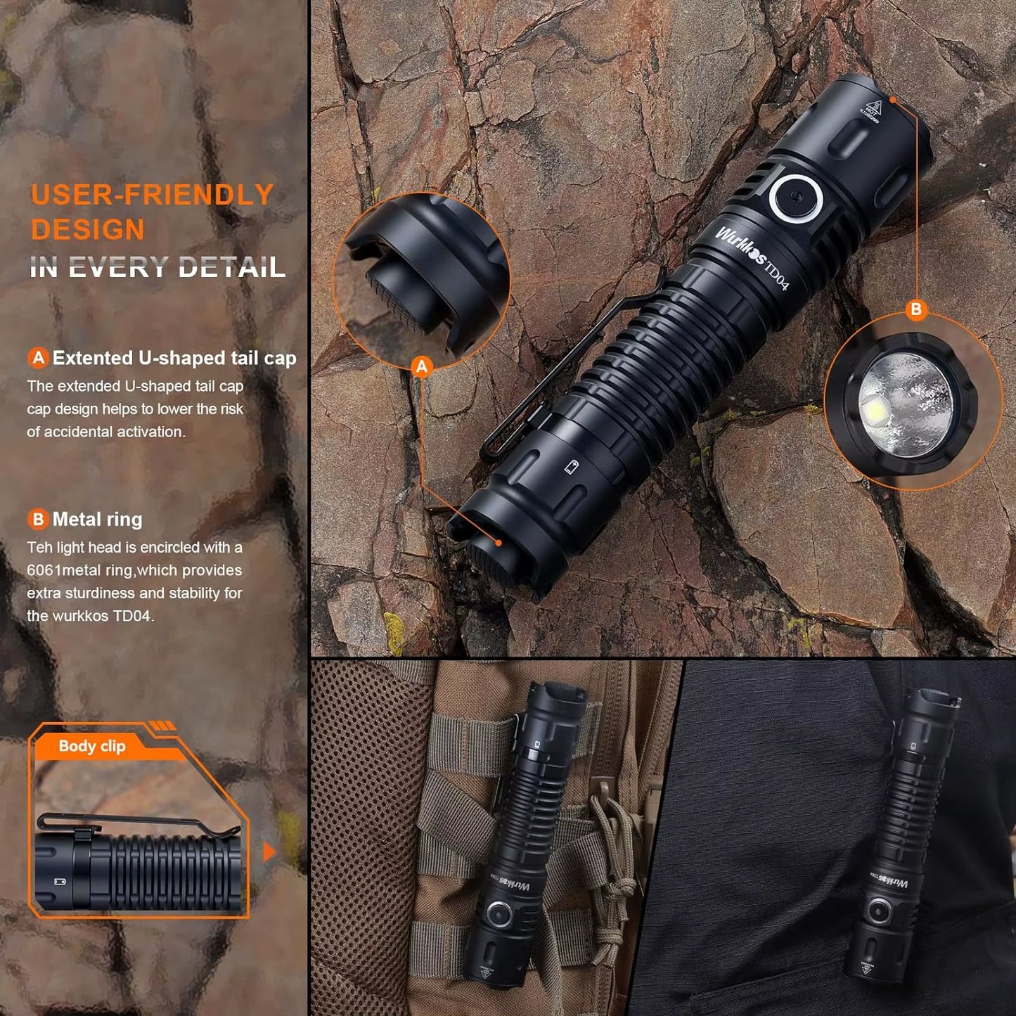 TD04 21700 Rechargeable Two Mode Group Tactical XHP50D HI Flashlight USB-C 3000 Lm Torch IP68 Waterproof EDC Tail Switch