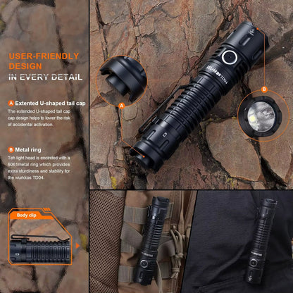 TD04 21700 Rechargeable Two Mode Group Tactical XHP50D HI Flashlight USB-C 3000 Lm Torch IP68 Waterproof EDC Tail Switch