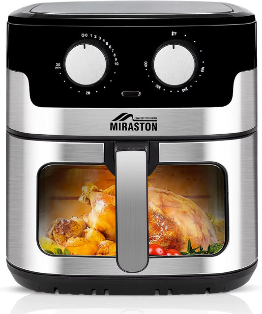 8.5QT Air Fryer, Upgraded Family Size Capacity, Visual Window, Square Basket Dials Stainless Steel Air Fryers, Reheat Leftovers,