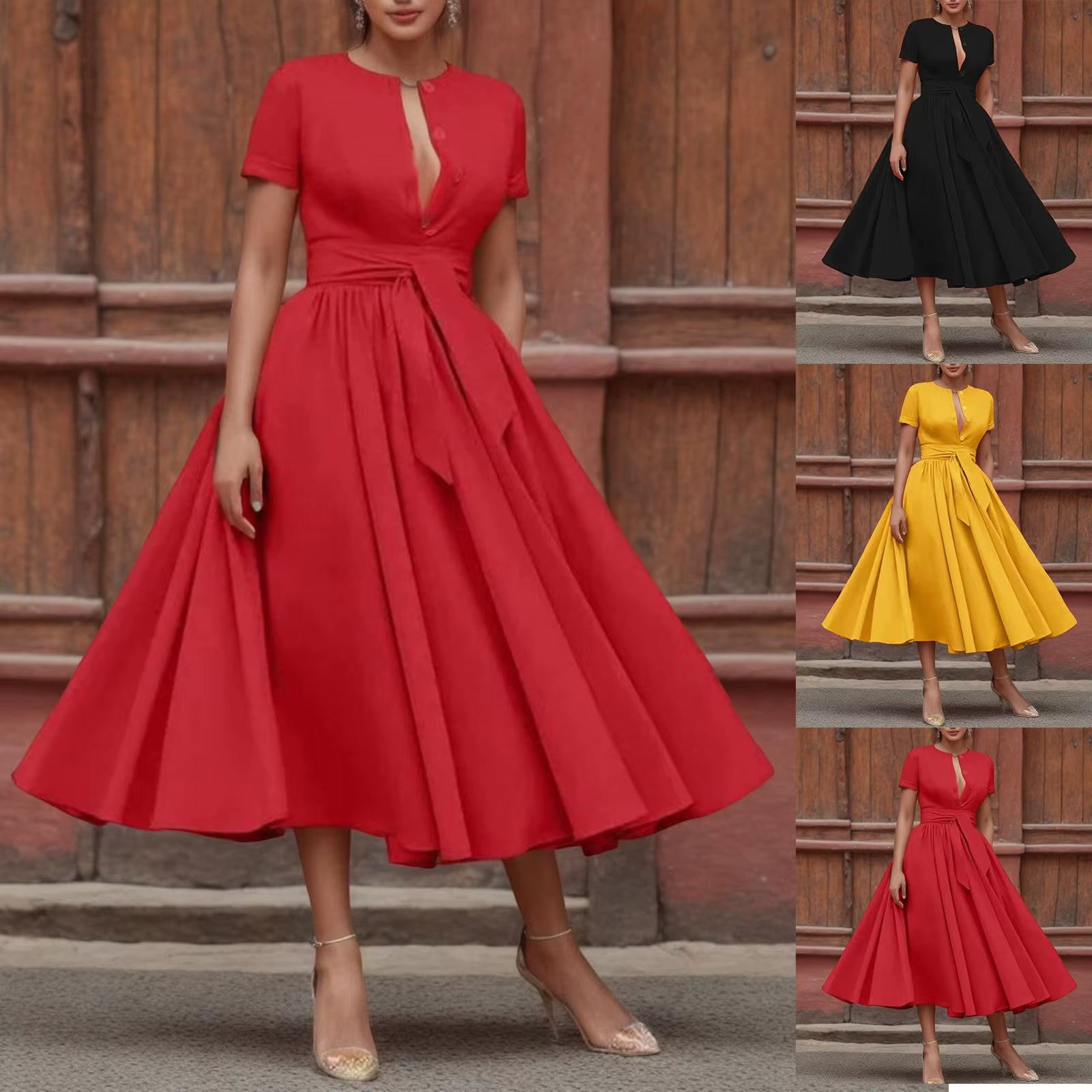 Women Elegant Formal Party Evening Dress 2025 Short Sleeve Patchwork Sashes Mid-Calf Dresses Sexy Deep V-Neck Dress plus Size