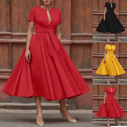 Women Elegant Formal Party Evening Dress 2025 Short Sleeve Patchwork Sashes Mid-Calf Dresses Sexy Deep V-Neck Dress plus Size