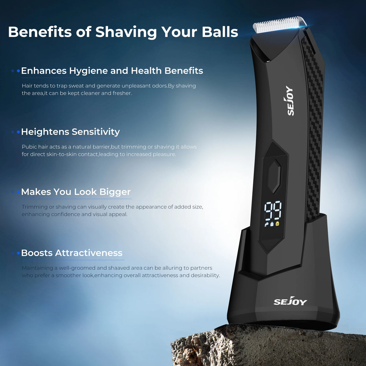 Sejoy Men's Electric Shaver and Ball Trimmer for Groin and Body Hair Grooming with Replaceable Ceramic Blade Heads