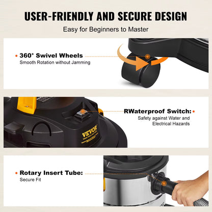 Stainless Steel Wet Dry Shop Vacuum Wet Dry Vac Powerful Suction Small Shop Vac Perfect for Carpet Debris Pet Hair