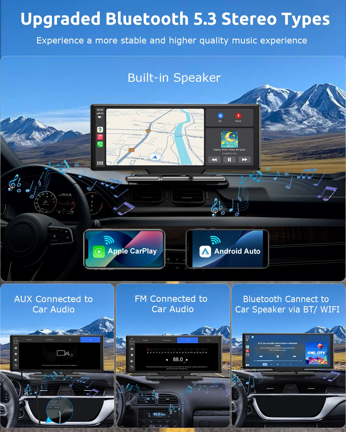 10.26" 4K Dual Lens Dash Cam with Touch Screen, 64GB Storage, Wireless Apple CarPlay and Android Auto for Car Stereo and Rearview Recording