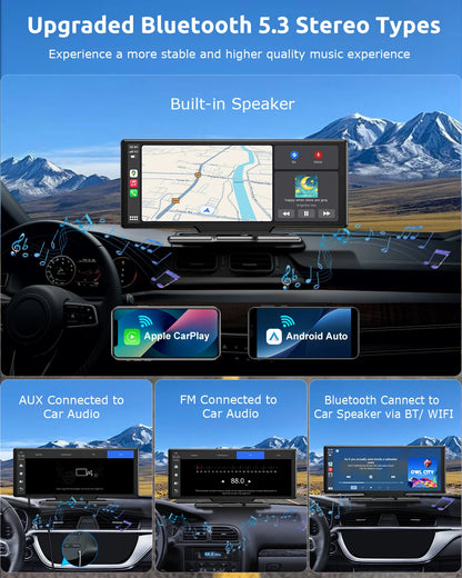 10.26" 4K Dual Lens Dash Cam with Touch Screen, 64GB Storage, Wireless Apple CarPlay and Android Auto for Car Stereo and Rearview Recording