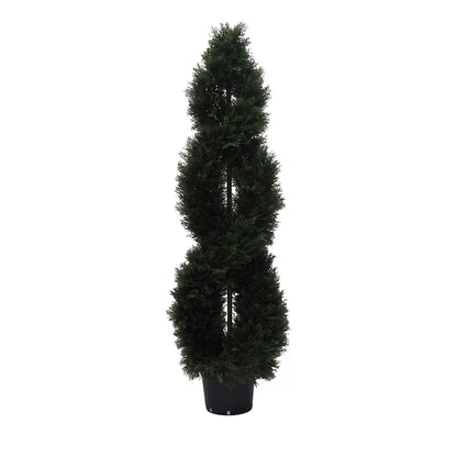 5' UV-Resistant Artificial Cedar Double Spiral Topiary in Black Plastic Pot for Indoor and Outdoor Use