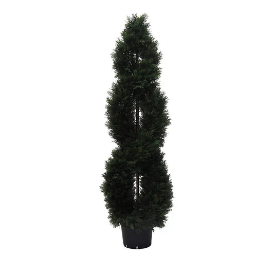 5' UV-Resistant Artificial Cedar Double Spiral Topiary in Black Plastic Pot for Indoor and Outdoor Use