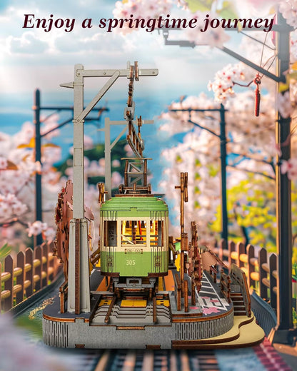 Robotime 3D Wooden Puzzle Kit - Sakura Journey Tram Model with LED Light for Kids and Hobbyists, Ideal Brain Teaser Gift